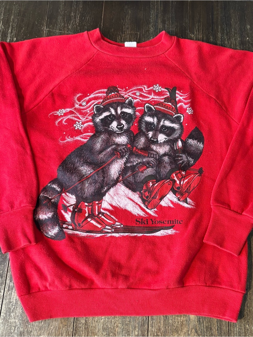 Vintage Ski Yosemite Raccoon Sweatshirt Healthknit USA Made Red Medium 80s